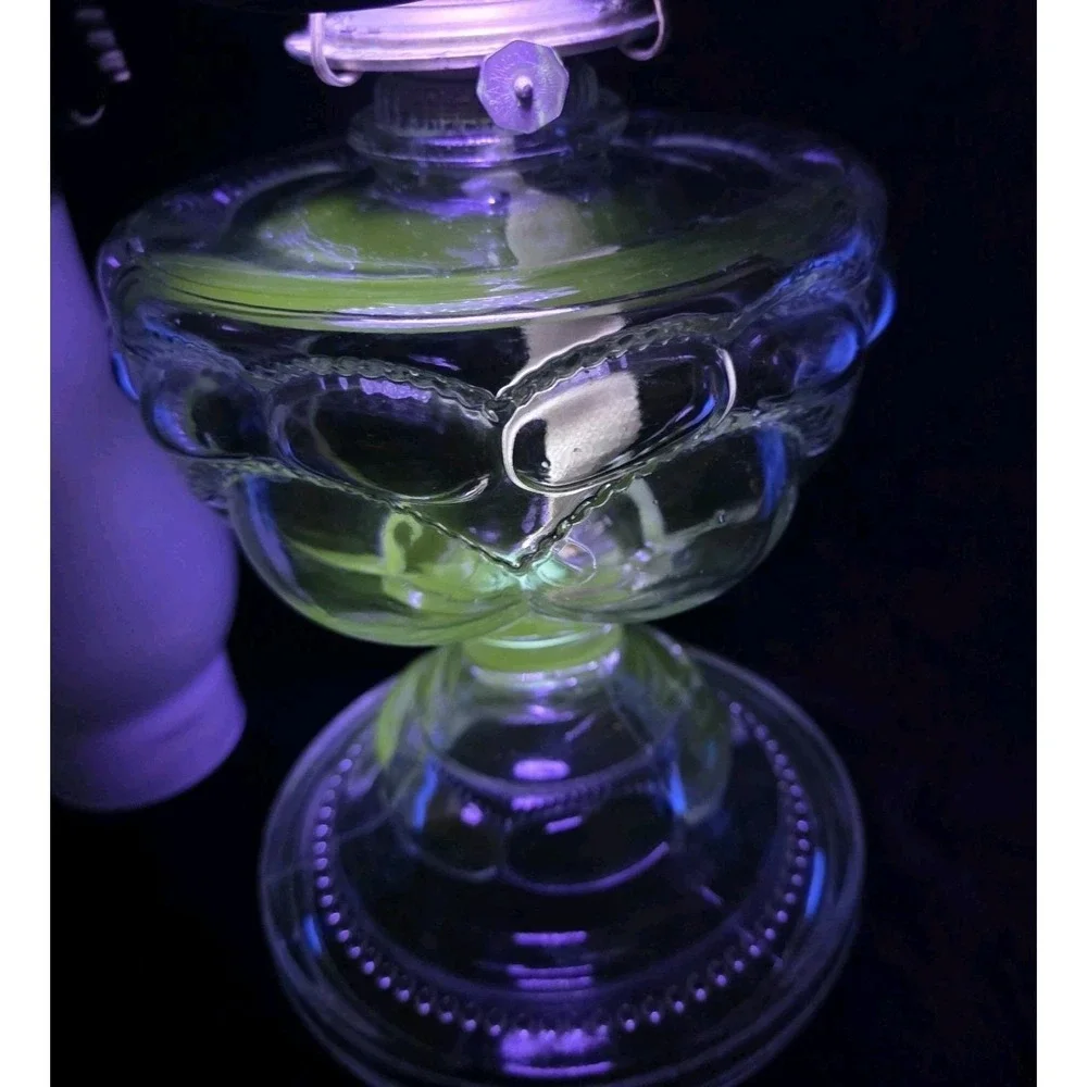 Antique Beaded Peanut Pattern Manganese Or Uranium Glass Oil Lamp Base Glows